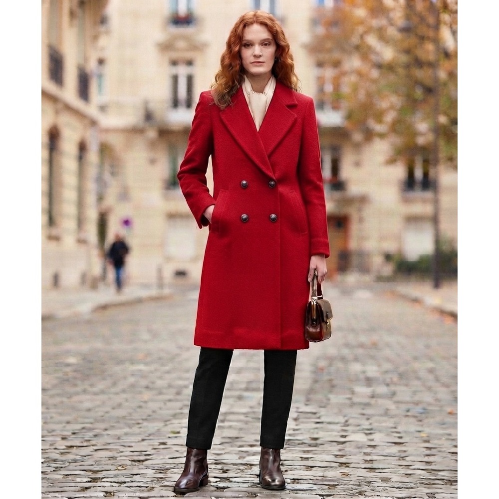 Women's Classic Vintage Double-Breasted Red 100% Wool Coat size M